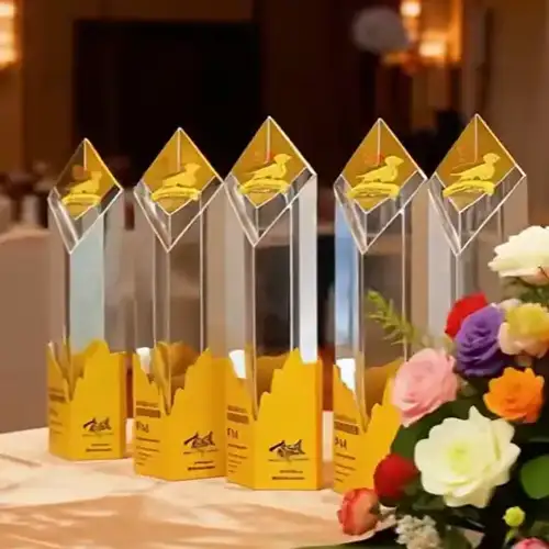 metal trophy and crystal trophy